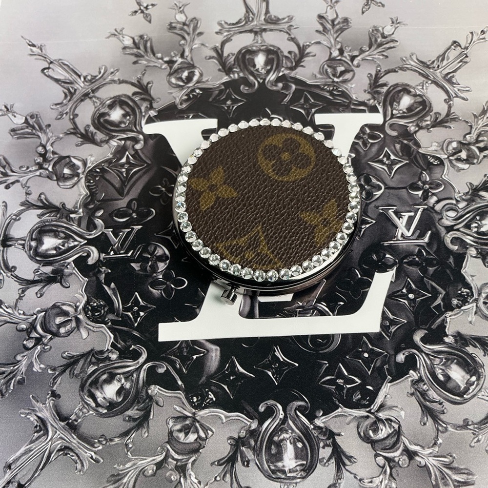 Louis Vuitton Brown Monogram Canvas Gunmetal Compact Mirror Embellish Swarovski